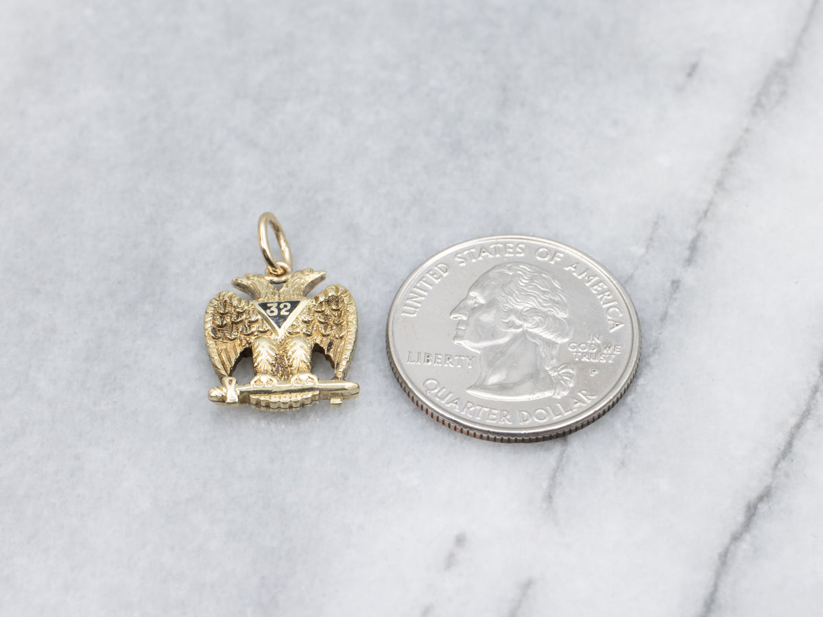 Masonic Black Enamel "32" Double-Headed Eagle Vintage Gold Pendant
