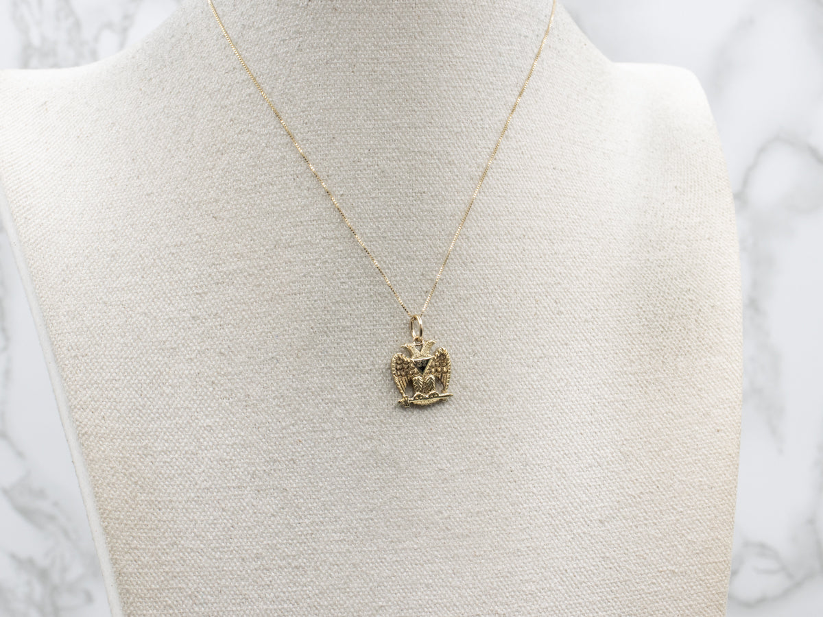 Masonic Black Enamel "32" Double-Headed Eagle Vintage Gold Pendant