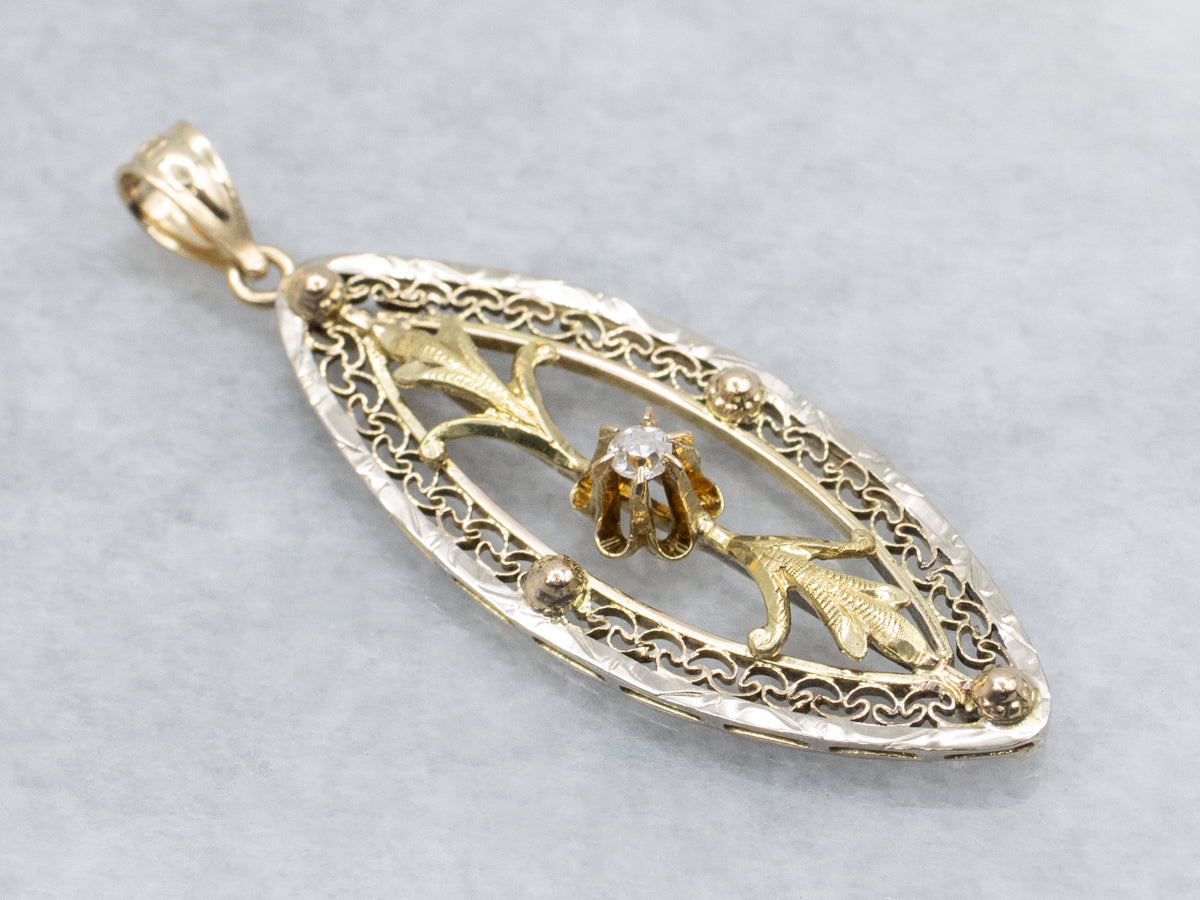 Buttercup Set Old Mine Cut Diamond Gold Filigree Drop Pendant