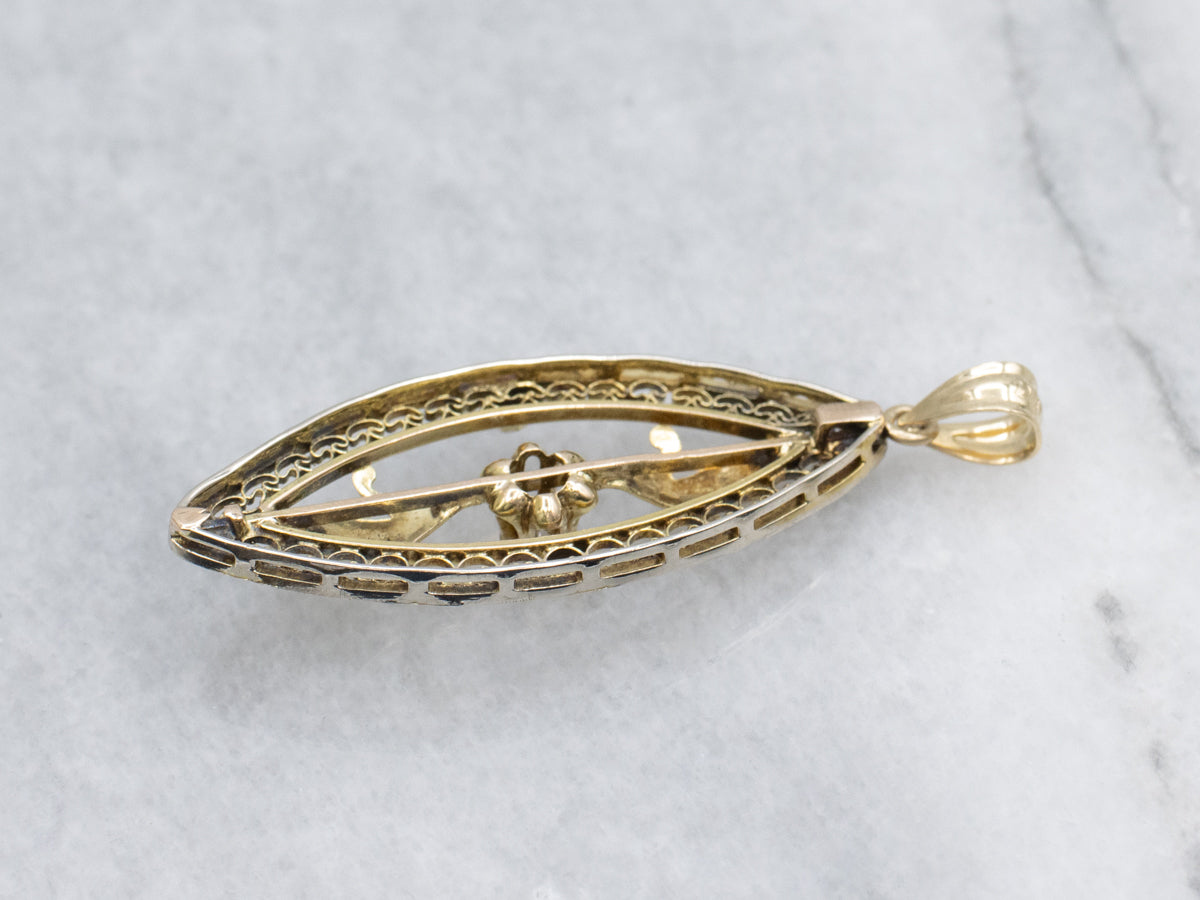 Buttercup Set Old Mine Cut Diamond Gold Filigree Drop Pendant