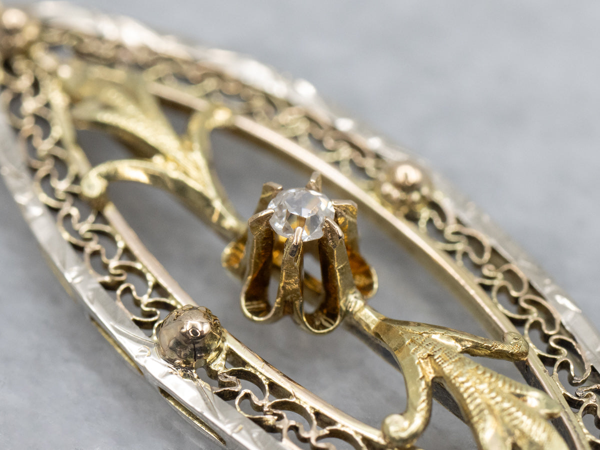 Buttercup Set Old Mine Cut Diamond Gold Filigree Drop Pendant