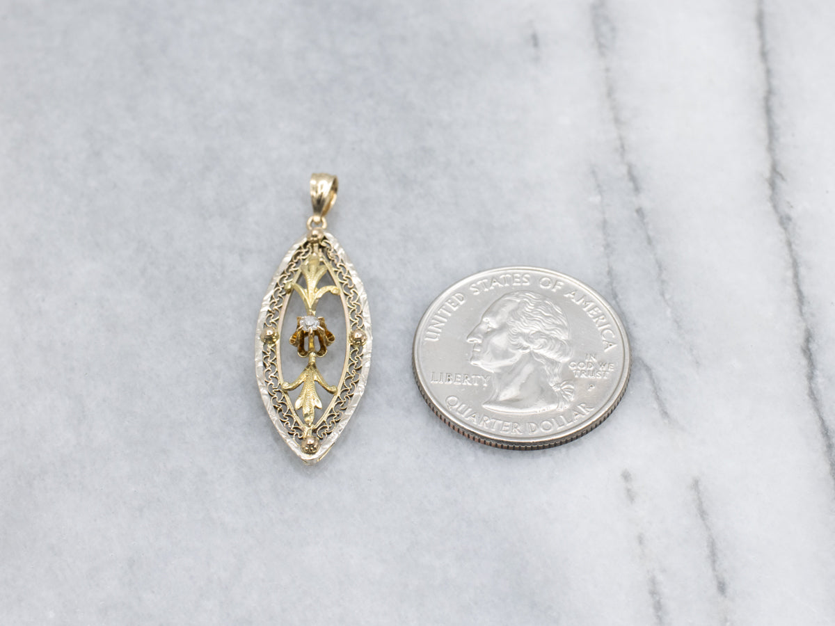 Buttercup Set Old Mine Cut Diamond Gold Filigree Drop Pendant