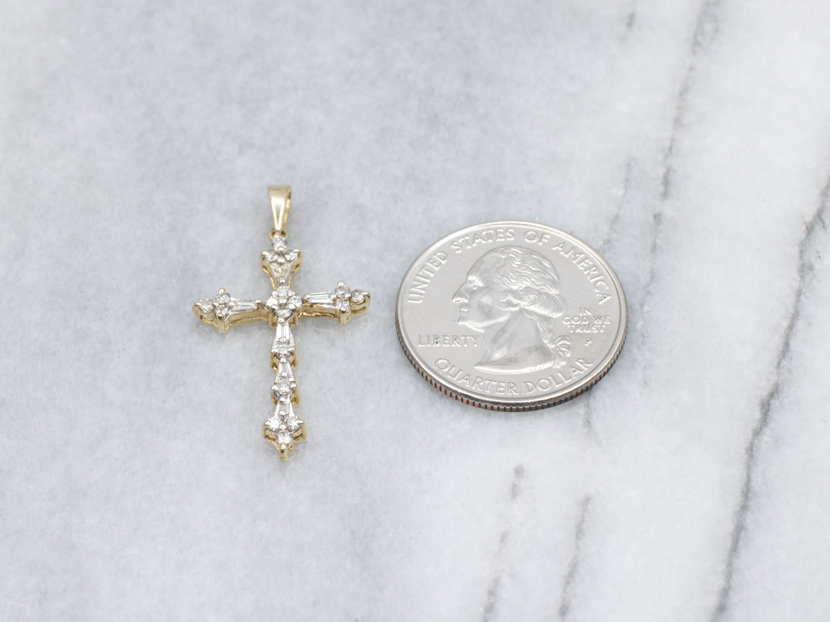 Ladies Mix-Cut Diamond and Gold Cross Pendant