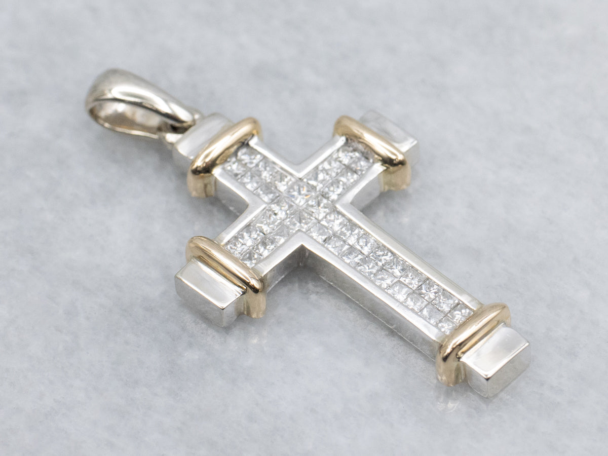 Modern Invisible-Set Two-Tone Gold Unisex Cross Pendant