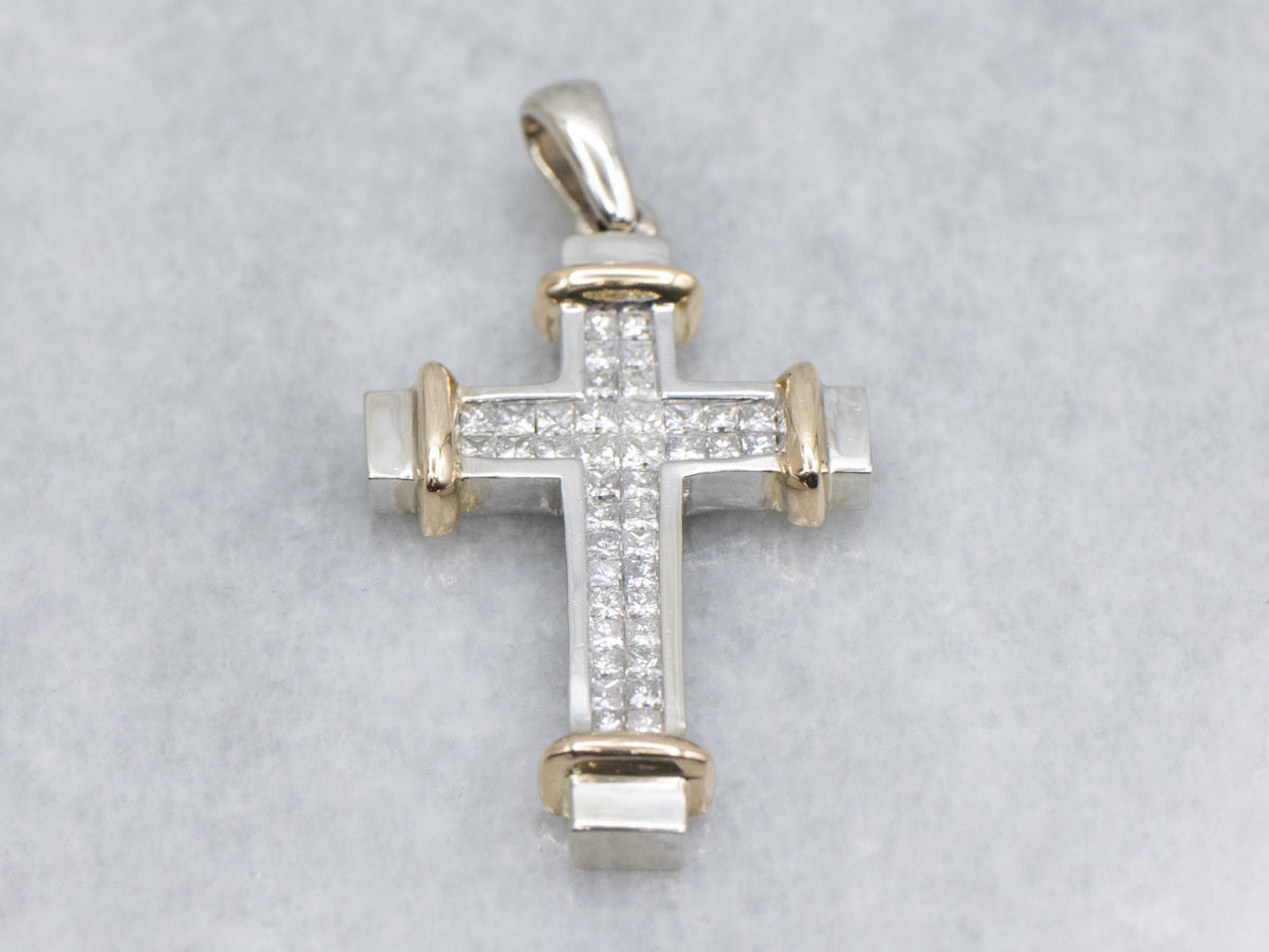 Modern Invisible-Set Two-Tone Gold Unisex Cross Pendant