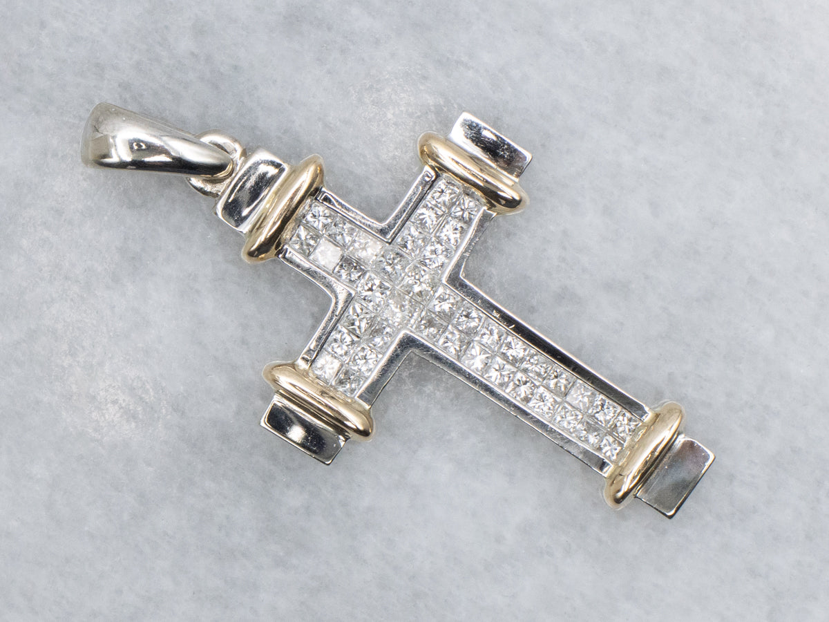 Modern Invisible-Set Two-Tone Gold Unisex Cross Pendant