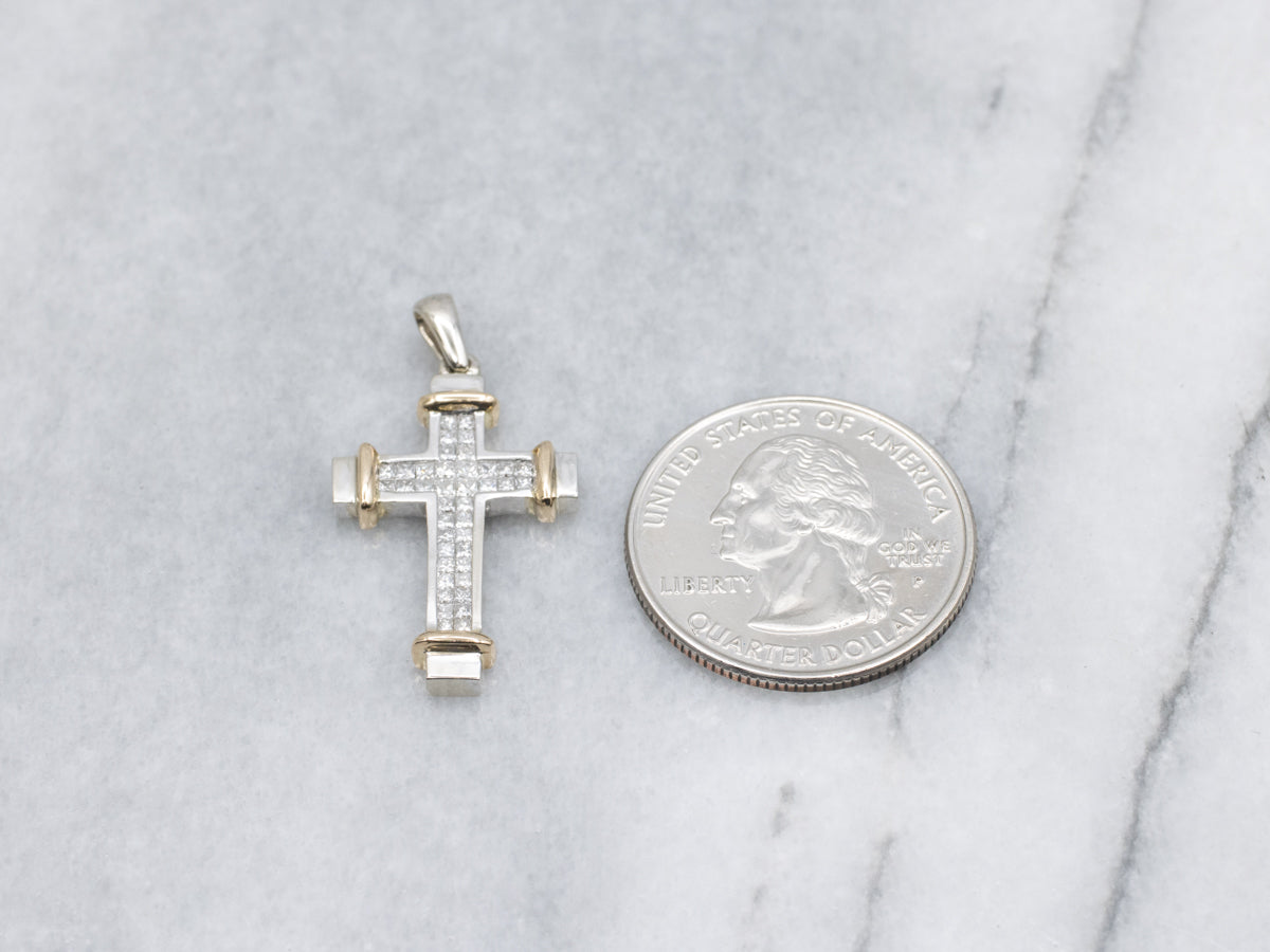 Modern Invisible-Set Two-Tone Gold Unisex Cross Pendant