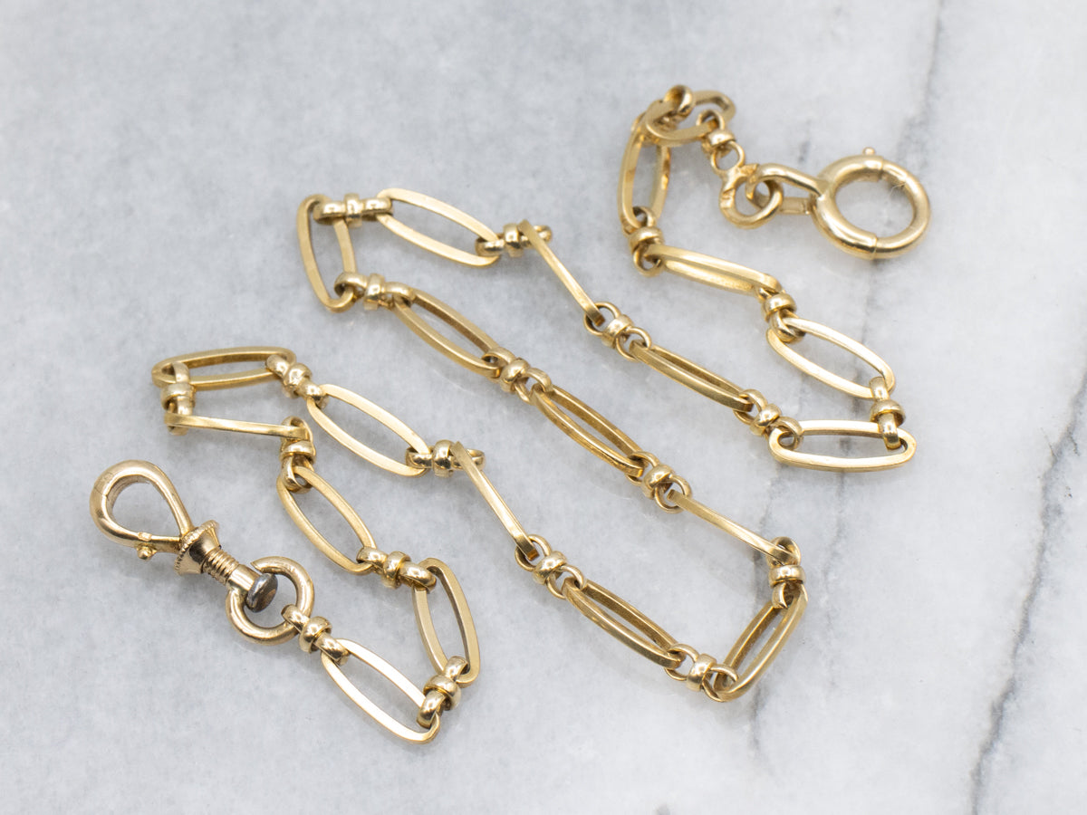 Vintage Paper-Clip Style Oval-Link Pocket Watch Chain with Dog-Clip And Spring-Ring Clasp