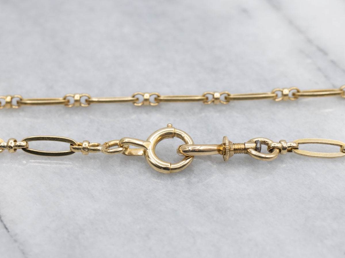 Vintage Paper-Clip Style Oval-Link Pocket Watch Chain with Dog-Clip And Spring-Ring Clasp