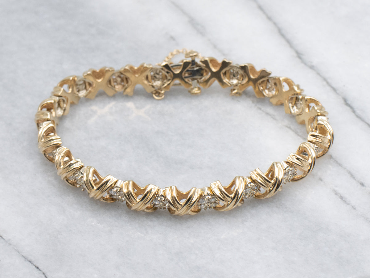 Criss-Cross Gold and Diamond Link Bracelet with Safety Chain