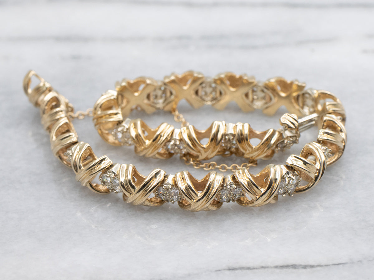 Criss-Cross Gold and Diamond Link Bracelet with Safety Chain