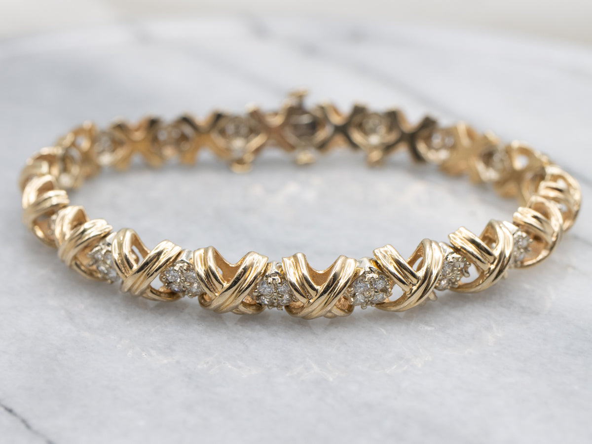 Criss-Cross Gold and Diamond Link Bracelet with Safety Chain