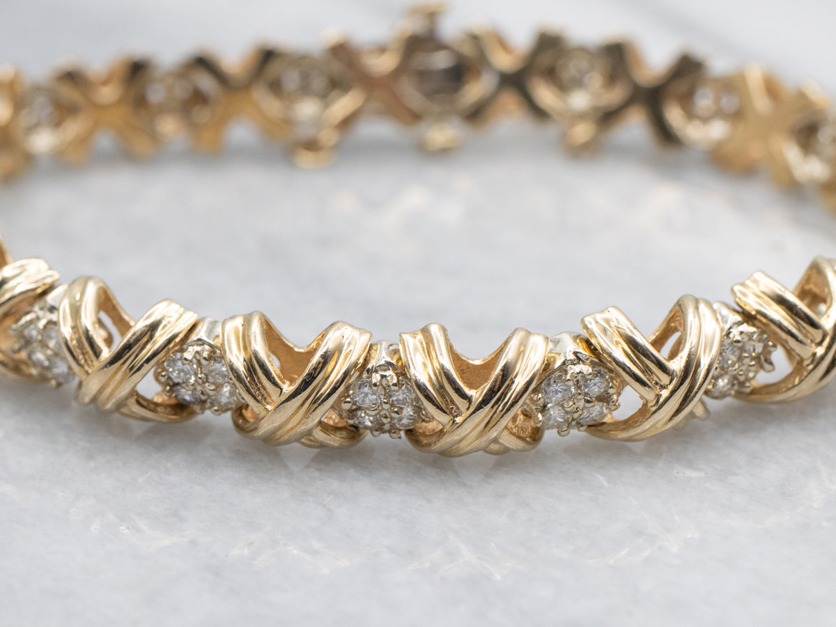 Criss-Cross Gold and Diamond Link Bracelet with Safety Chain