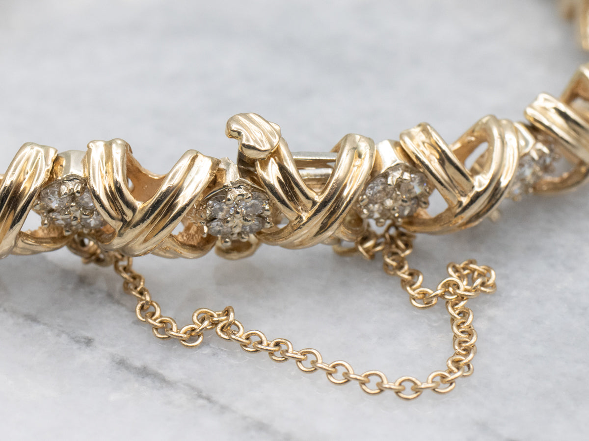 Criss-Cross Gold and Diamond Link Bracelet with Safety Chain