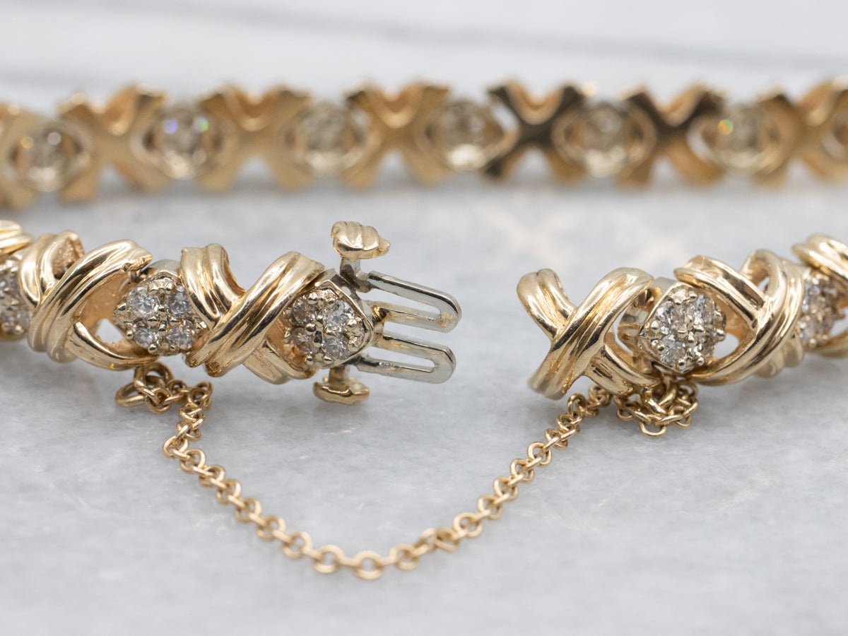 Criss-Cross Gold and Diamond Link Bracelet with Safety Chain