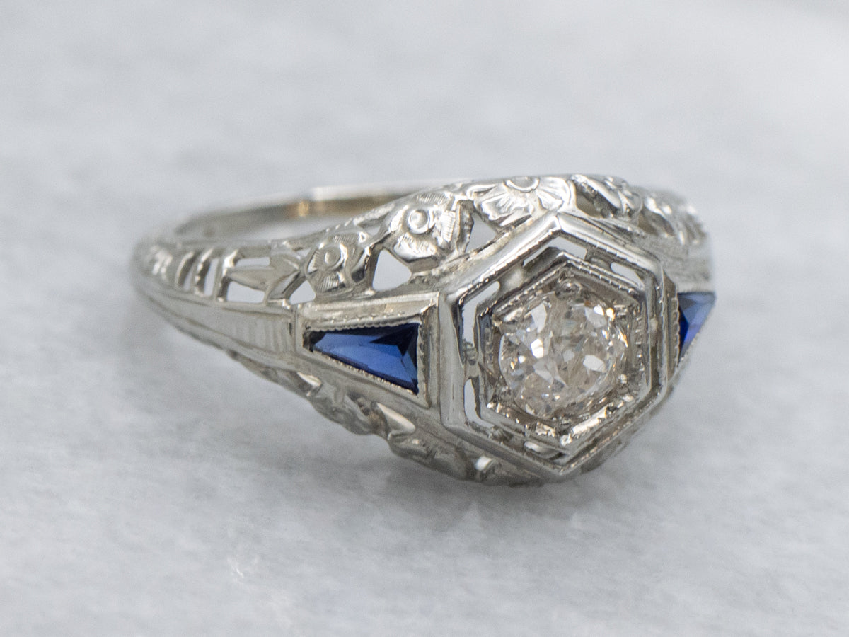 Old Mine Cut Diamond Floral Filigree Engagement Ring with Synthetic Sapphires