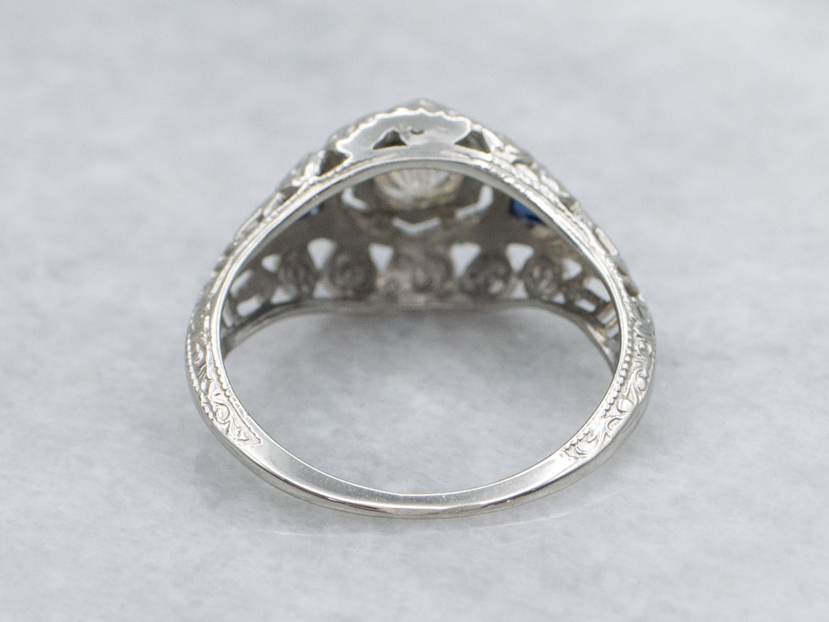 Old Mine Cut Diamond Floral Filigree Engagement Ring with Synthetic Sapphires