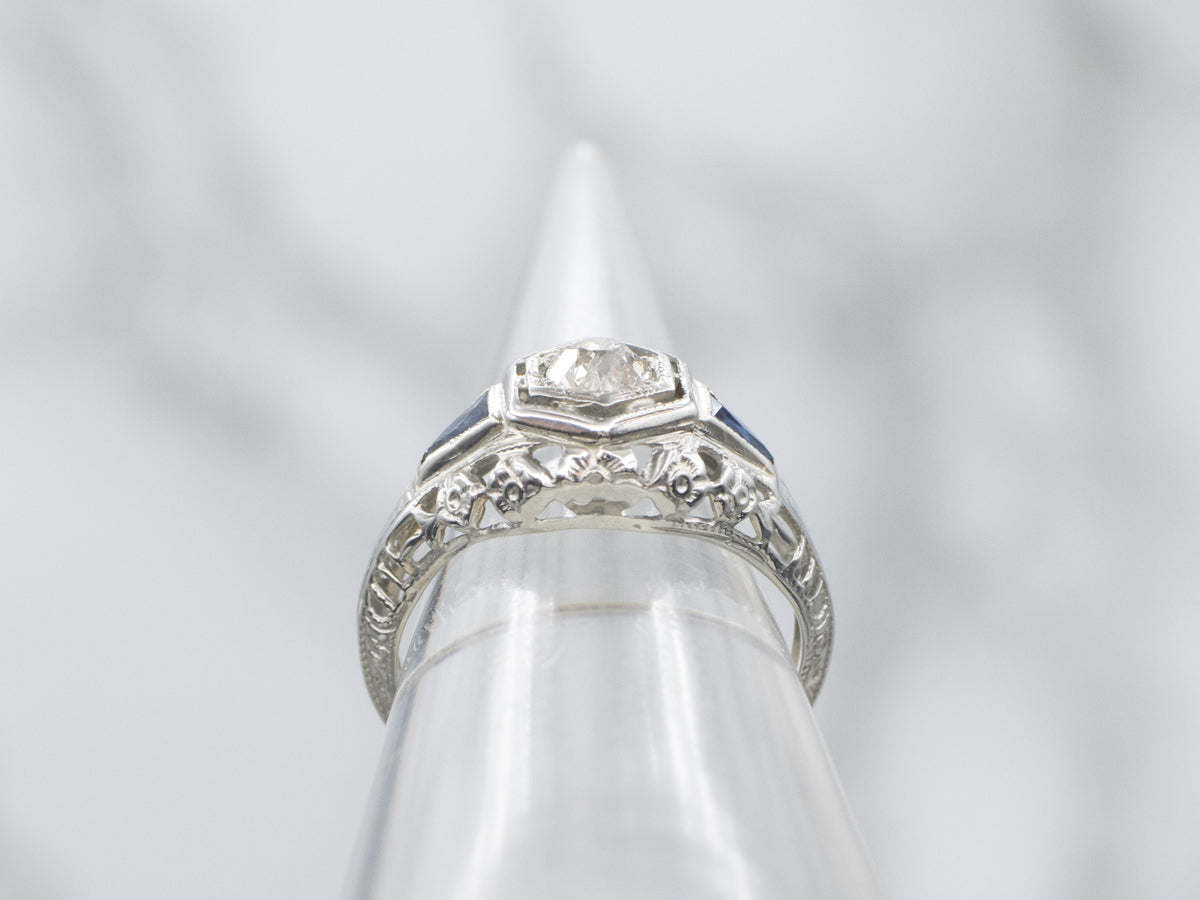 Old Mine Cut Diamond Floral Filigree Engagement Ring with Synthetic Sapphires