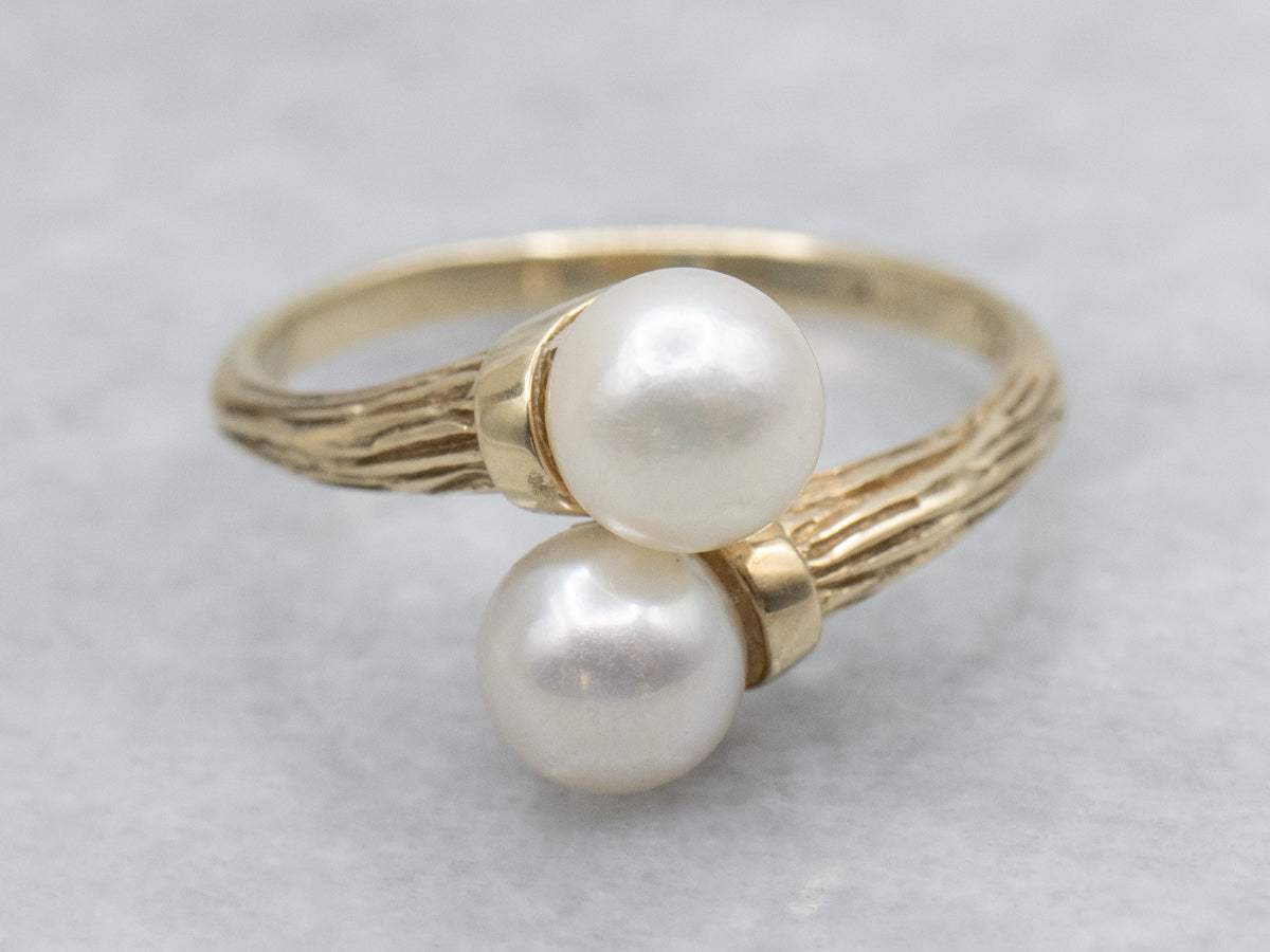 Double Saltwater Pearl Bypass Ring with Textured Gold