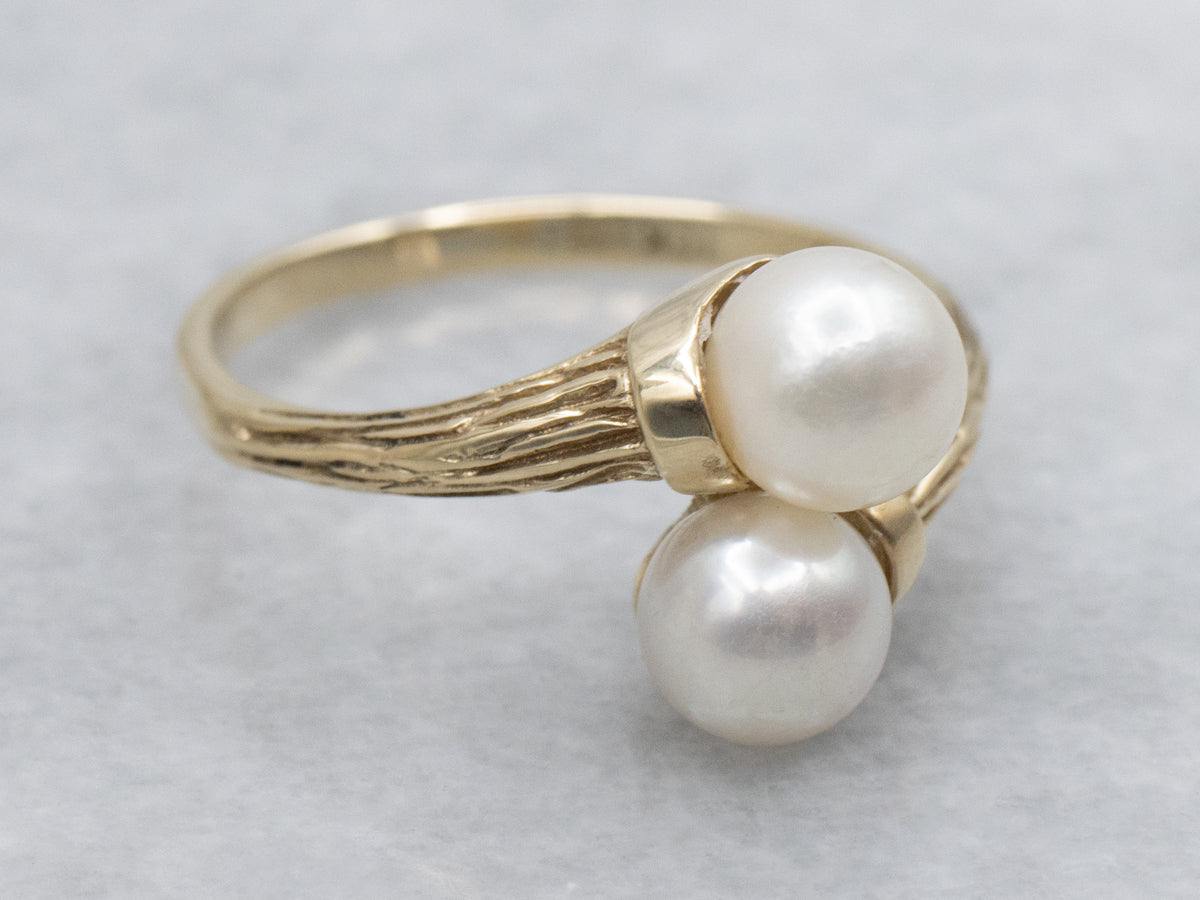 Double Saltwater Pearl Bypass Ring with Textured Gold