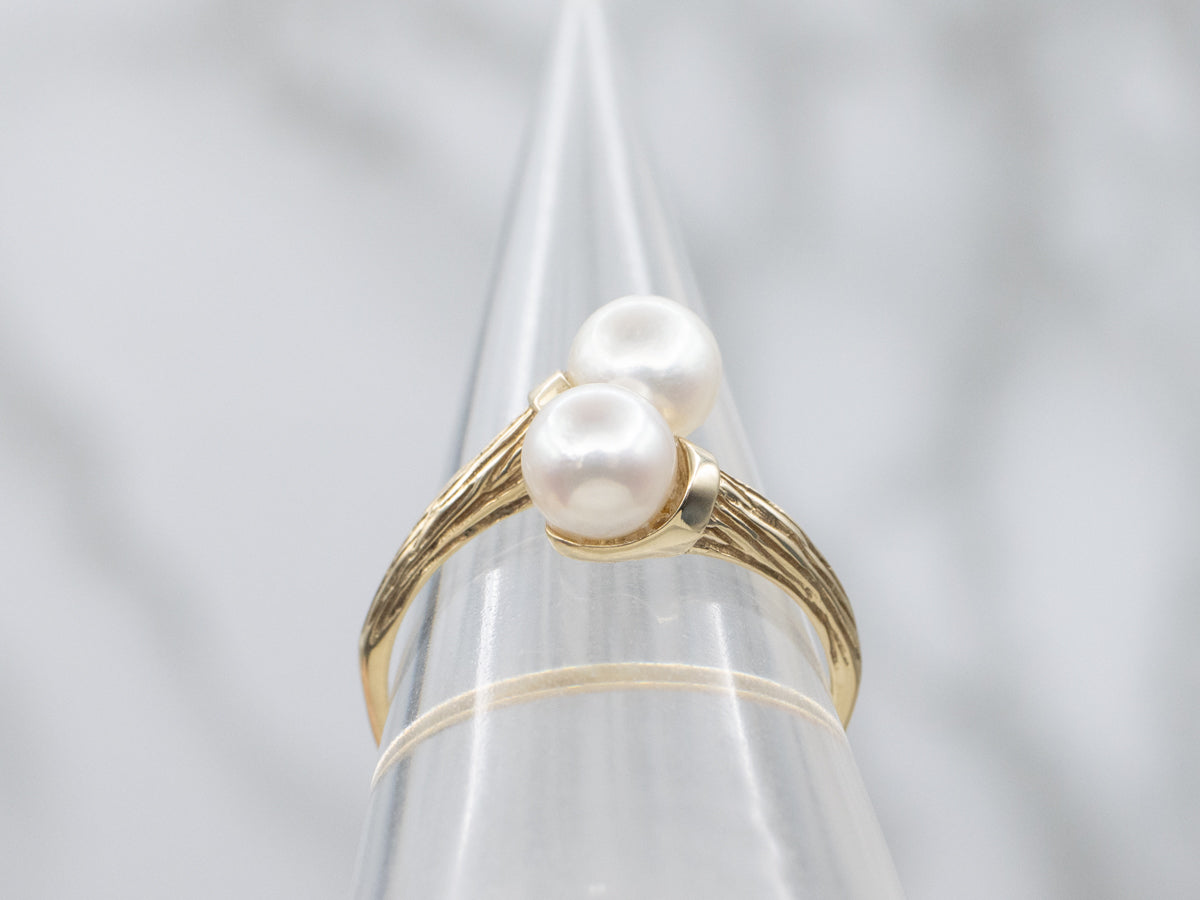 Double Saltwater Pearl Bypass Ring with Textured Gold
