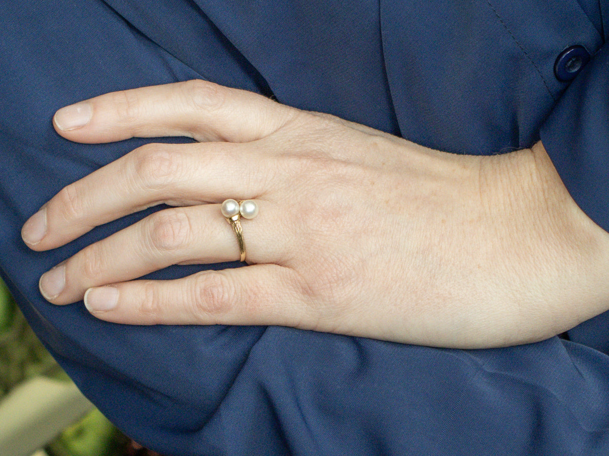 Double Saltwater Pearl Bypass Ring with Textured Gold
