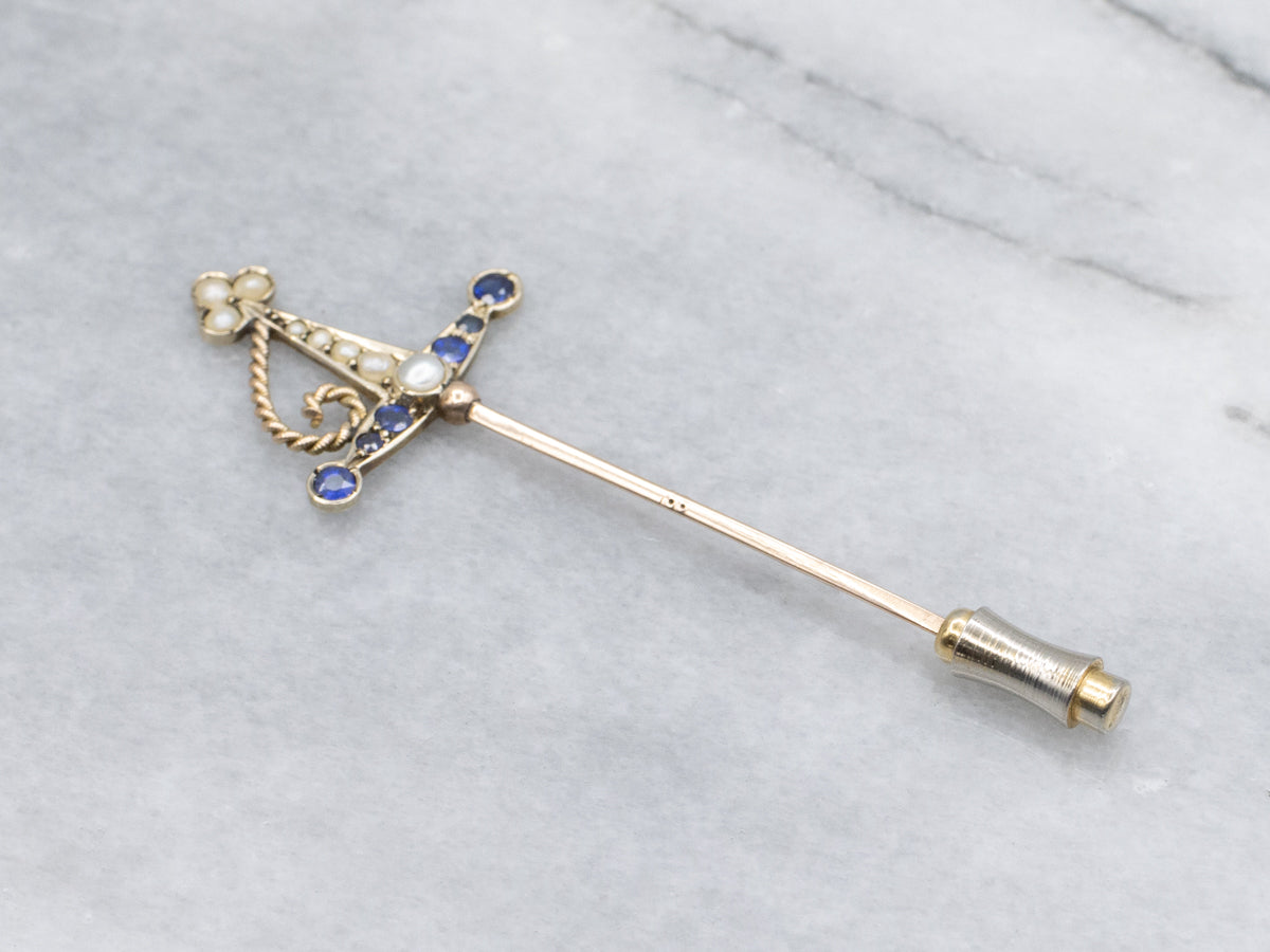 Antique Pearl and Sapphire Doublet Sword Stick Pin