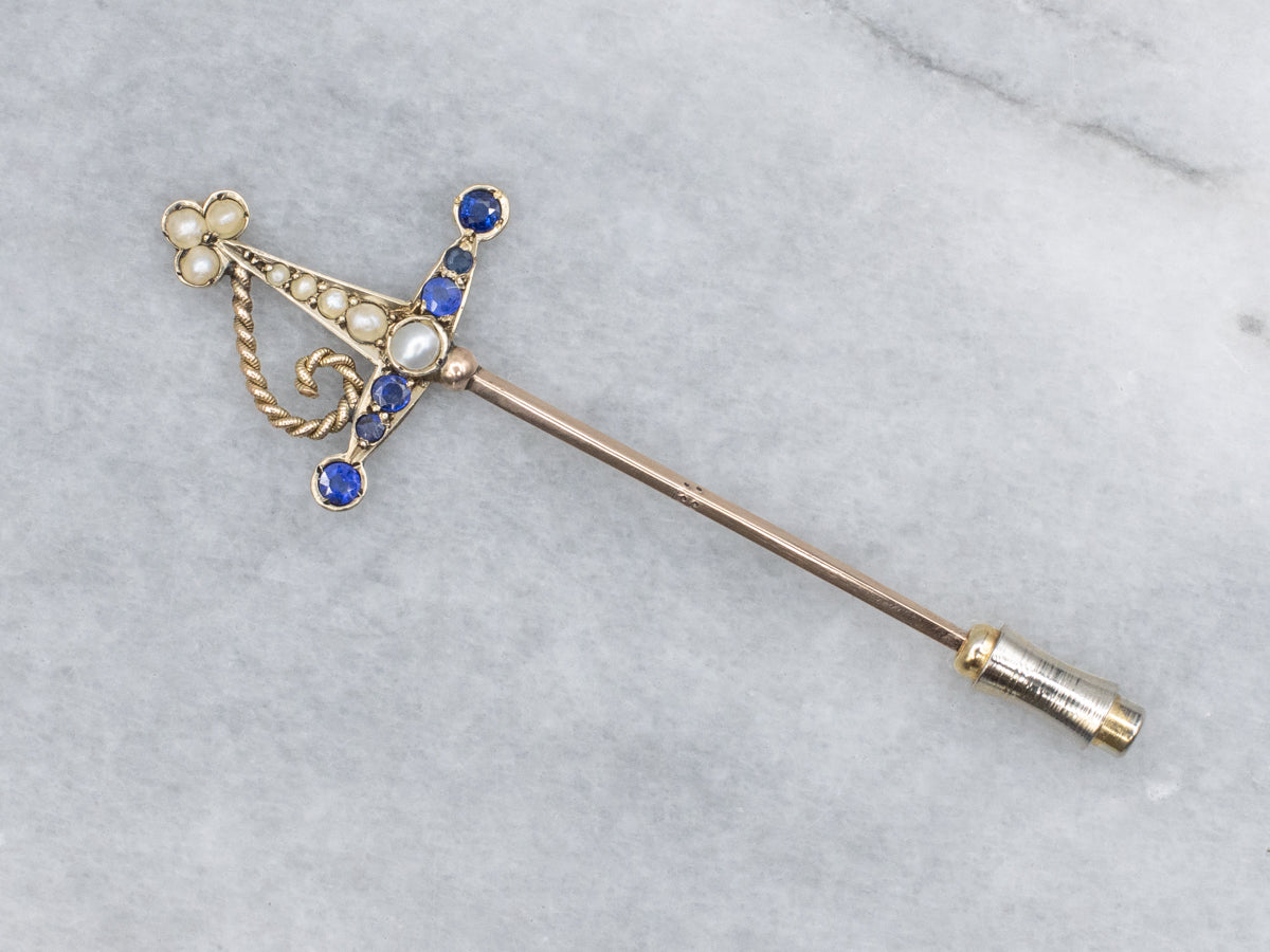 Antique Pearl and Sapphire Doublet Sword Stick Pin
