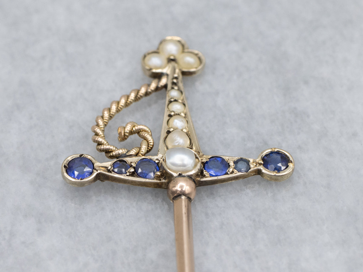 Antique Pearl and Sapphire Doublet Sword Stick Pin