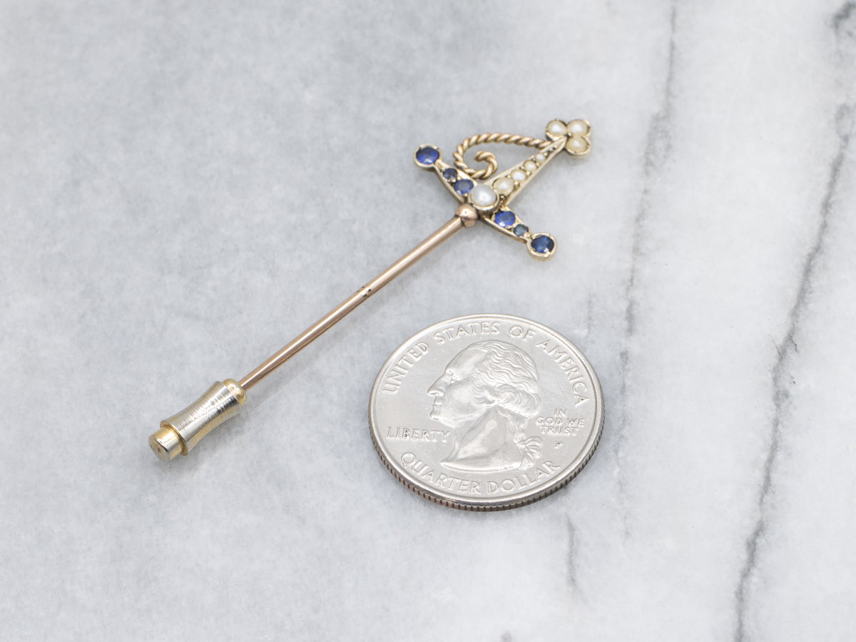 Antique Pearl and Sapphire Doublet Sword Stick Pin