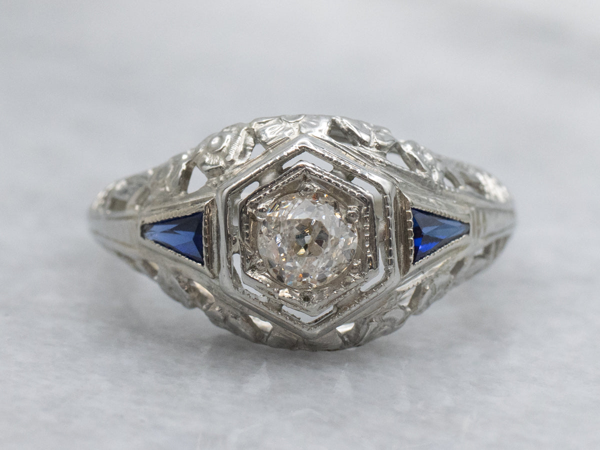 Old Mine Cut Diamond Floral Filigree Engagement Ring with Synthetic Sapphires