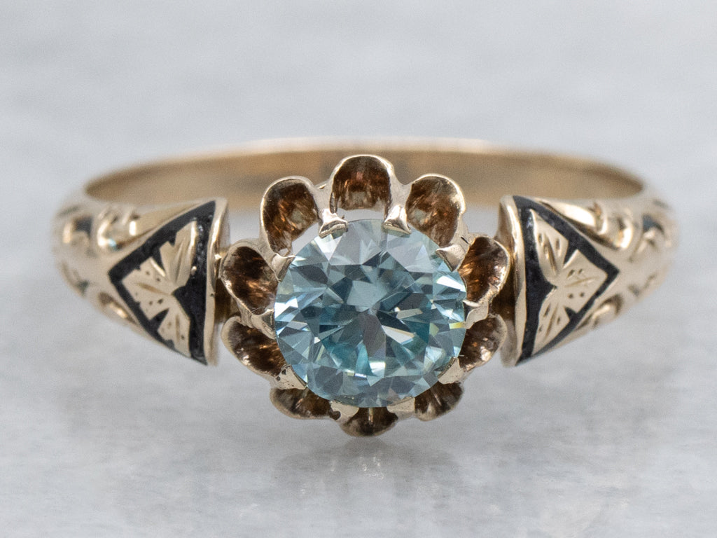 Victorian Era Blue Zircon and Black Enamel Antique Gold Solitaire Ring