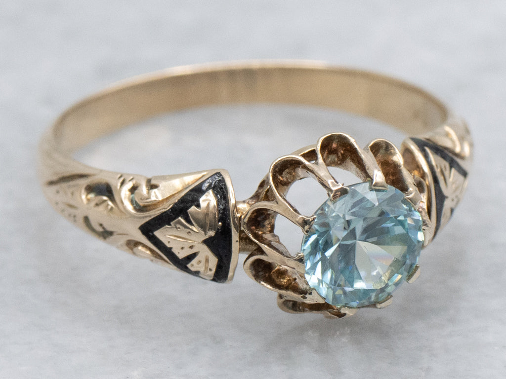 Victorian Era Blue Zircon and Black Enamel Antique Gold Solitaire Ring