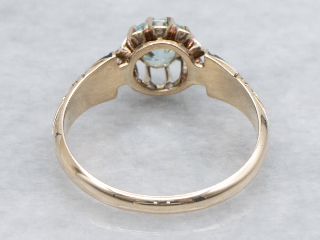 Victorian Era Blue Zircon and Black Enamel Antique Gold Solitaire Ring