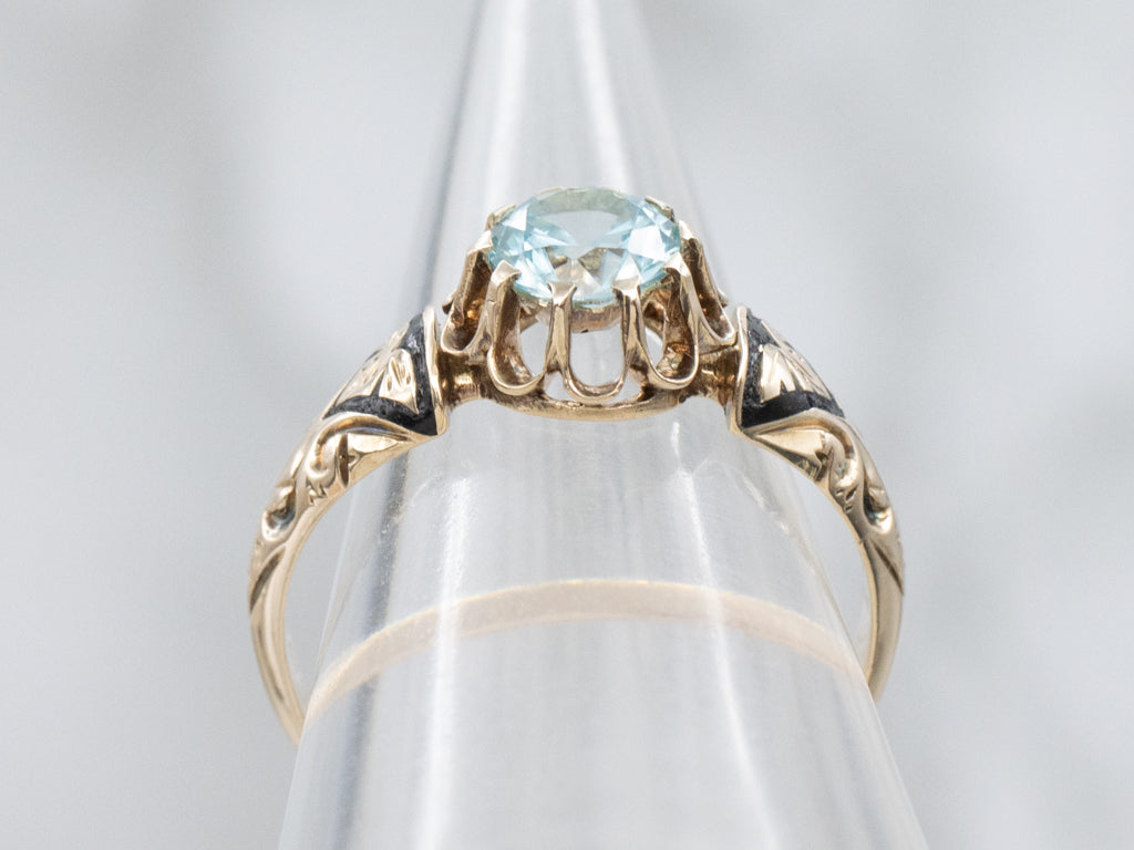 Victorian Era Blue Zircon and Black Enamel Antique Gold Solitaire Ring