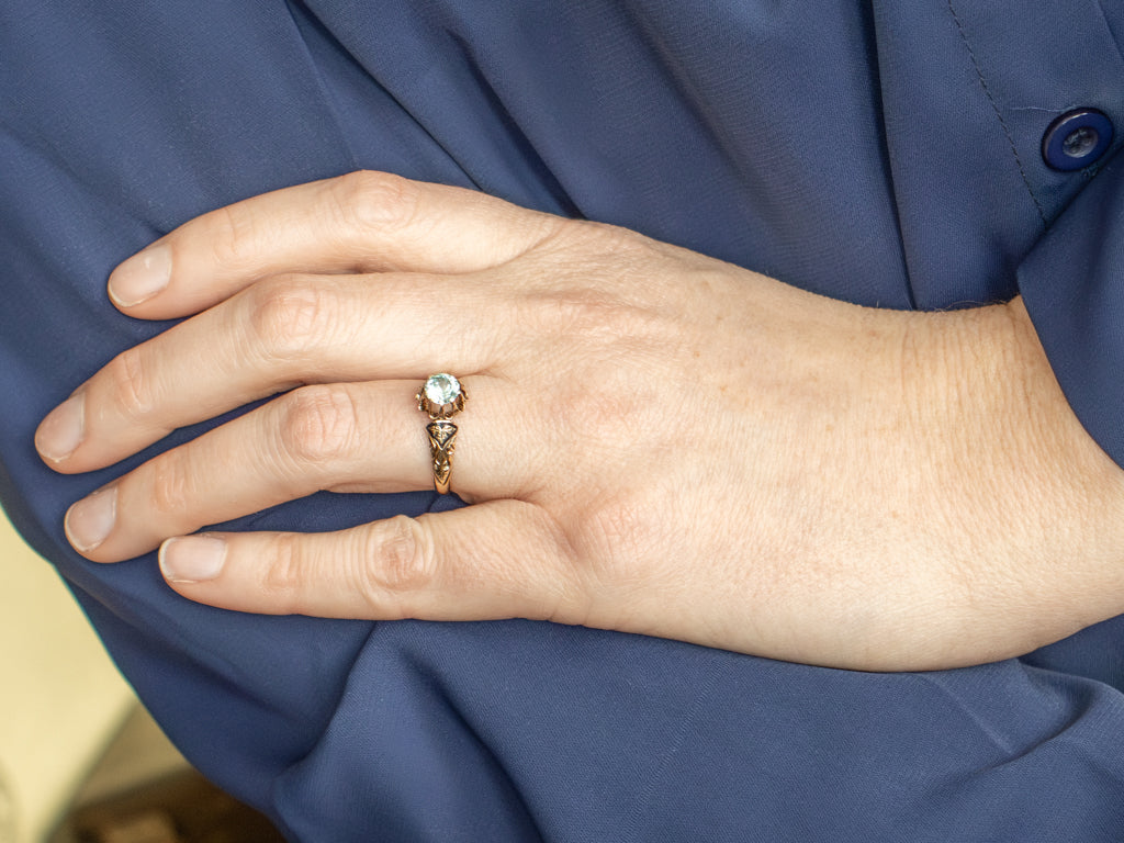 Victorian Era Blue Zircon and Black Enamel Antique Gold Solitaire Ring