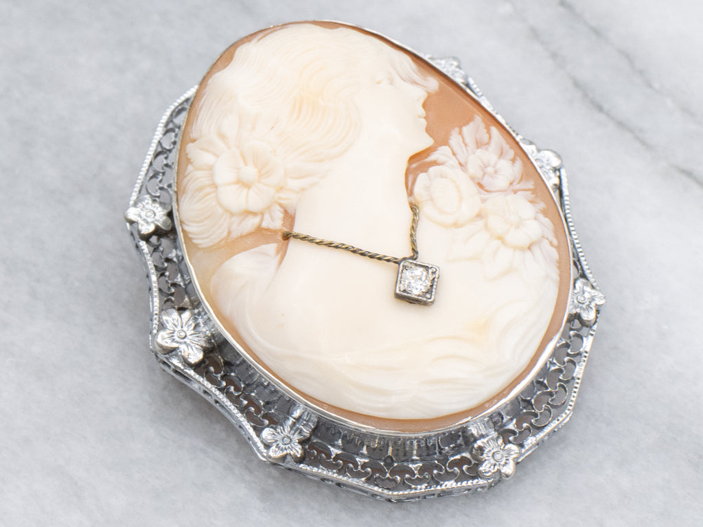 Antique Floral Shell Cameo Brooch with Diamond Accent