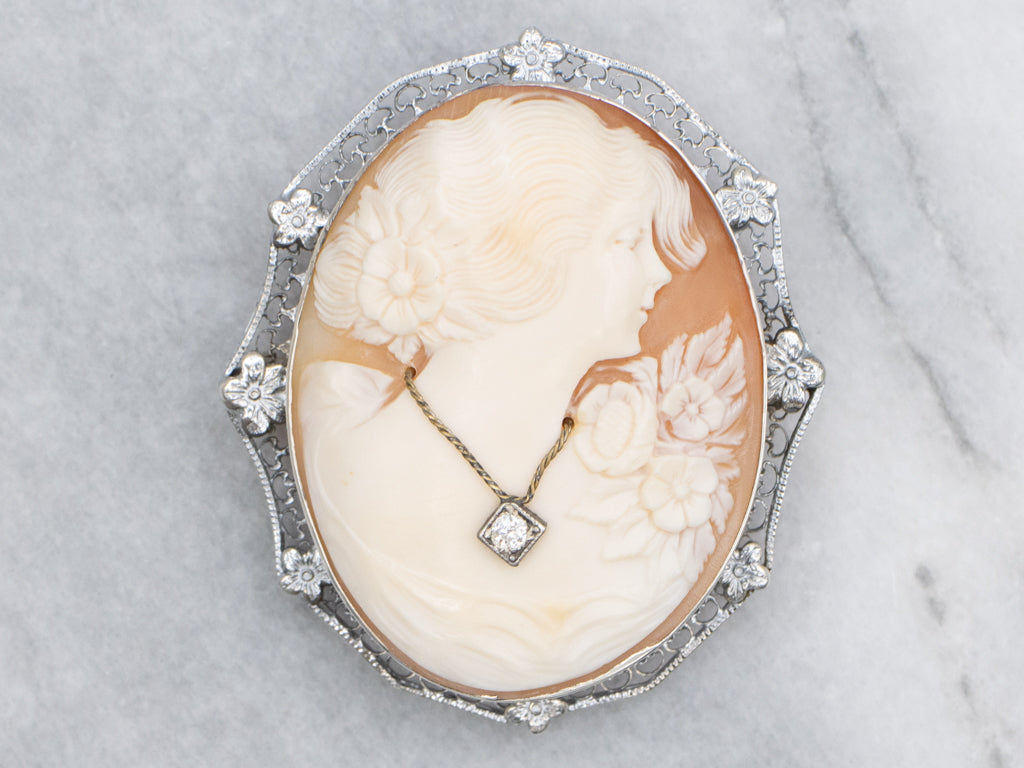 Antique Floral Shell Cameo Brooch with Diamond Accent