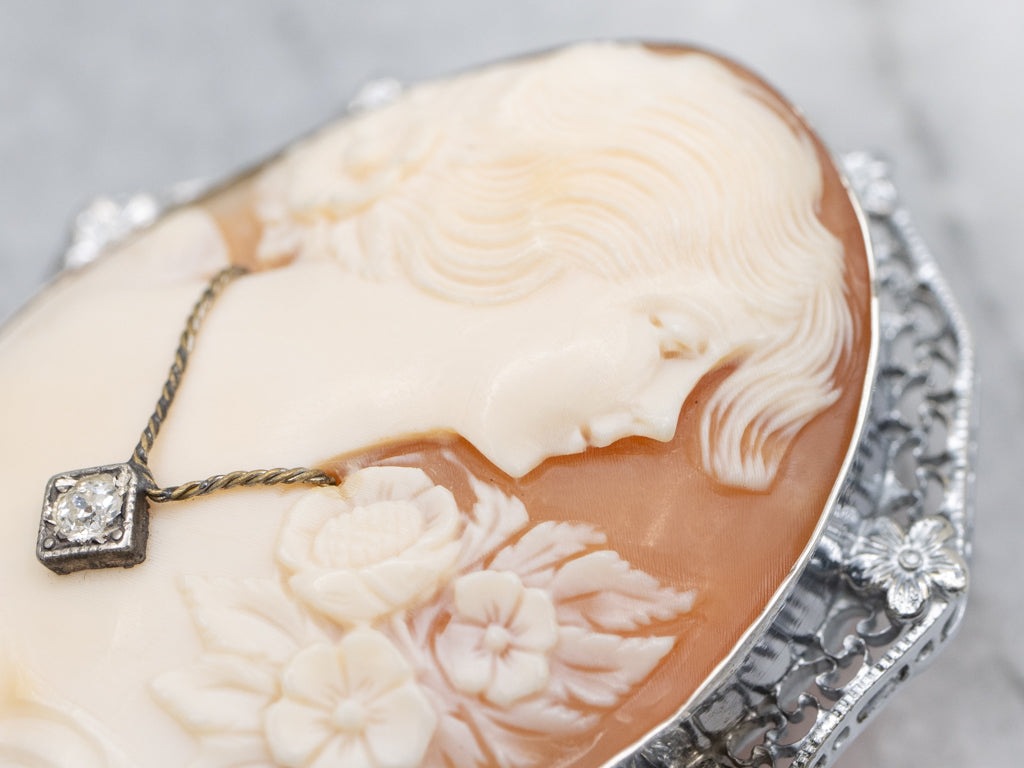 Antique Floral Shell Cameo Brooch with Diamond Accent