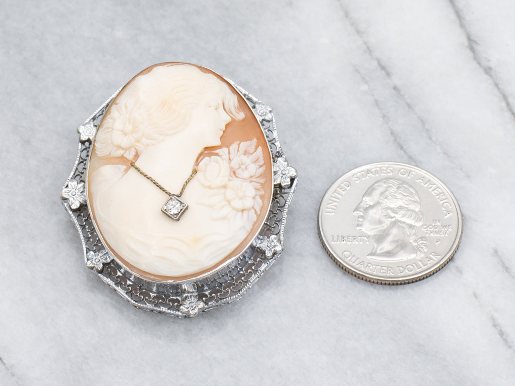 Antique Floral Shell Cameo Brooch with Diamond Accent
