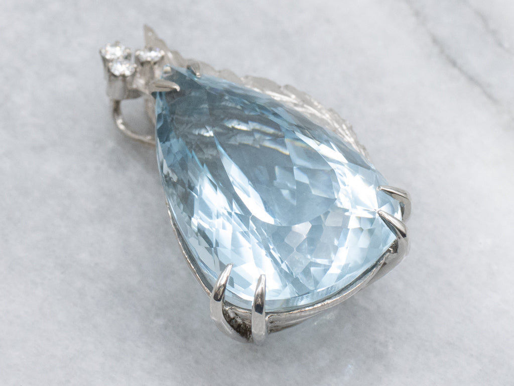 Vintage Platinum and Diamond Oversized Teardrop Blue Topaz Pendant