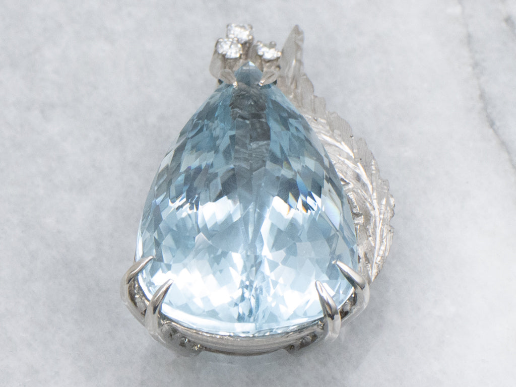 Vintage Platinum and Diamond Oversized Teardrop Blue Topaz Pendant