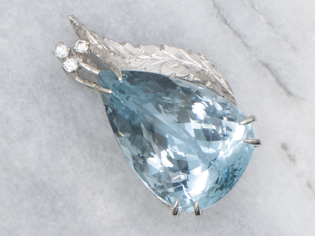 Vintage Platinum and Diamond Oversized Teardrop Blue Topaz Pendant