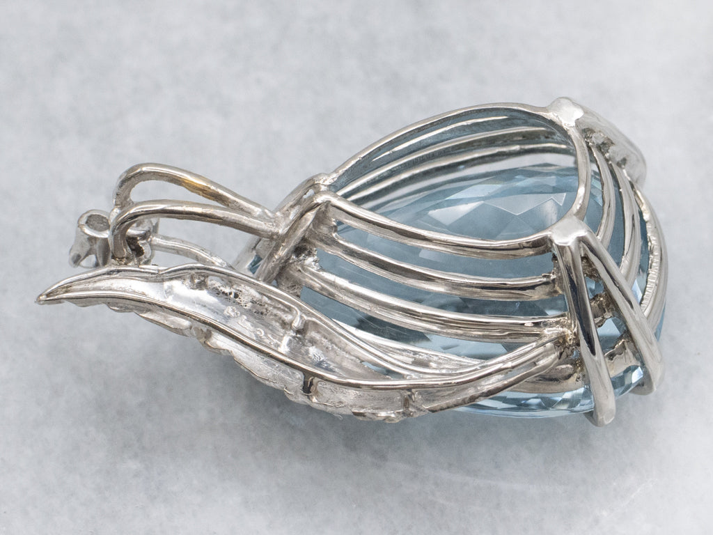 Vintage Platinum and Diamond Oversized Teardrop Blue Topaz Pendant