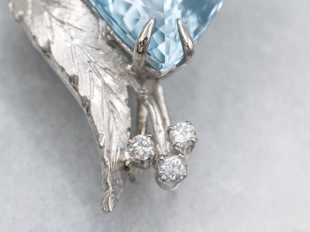 Vintage Platinum and Diamond Oversized Teardrop Blue Topaz Pendant