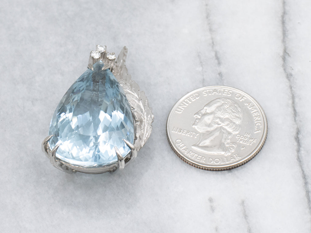 Vintage Platinum and Diamond Oversized Teardrop Blue Topaz Pendant