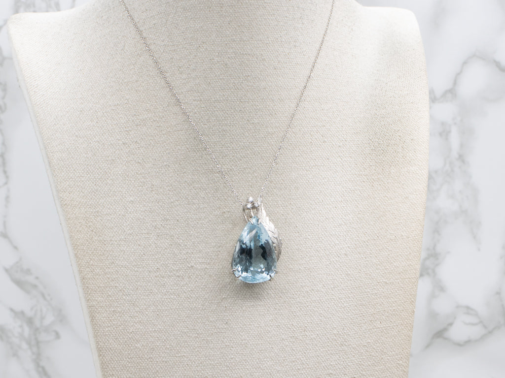 Vintage Platinum and Diamond Oversized Teardrop Blue Topaz Pendant