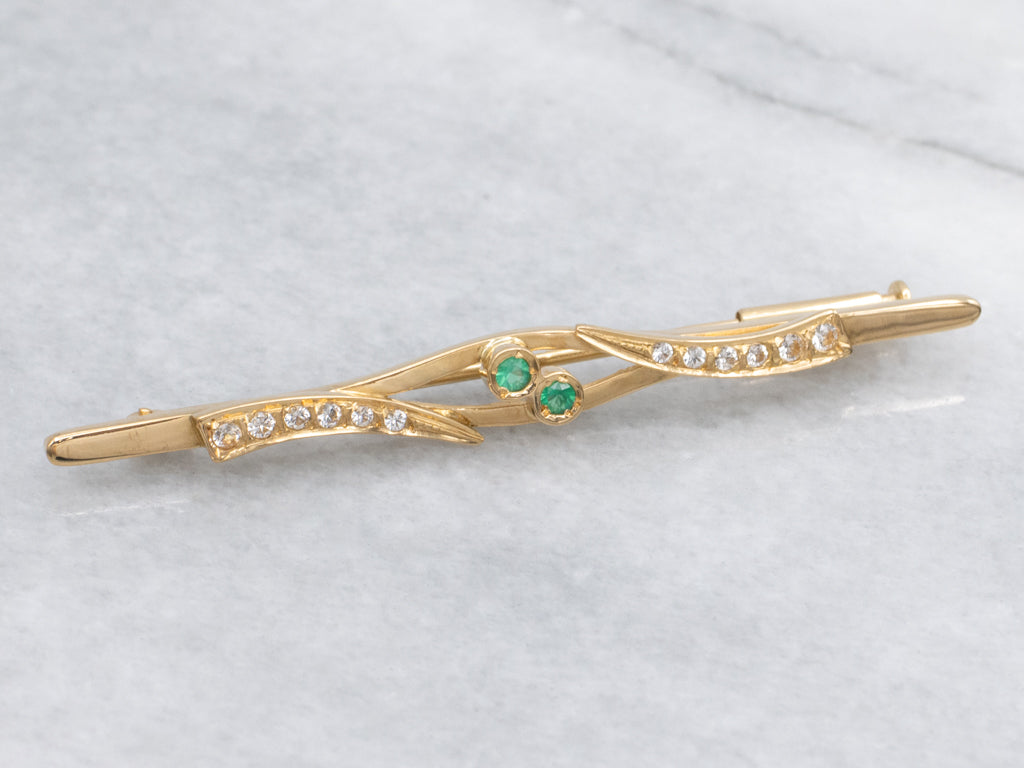 Vintage 800 Gold Green Onyx and Synthetic Spinel Bar Pin