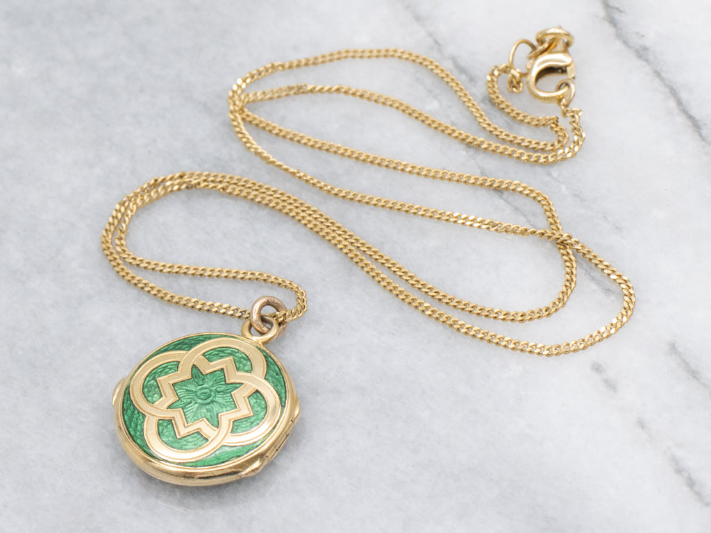 Beautiful Vintage 18-Karat Gold and Green Enamel Locket Necklace