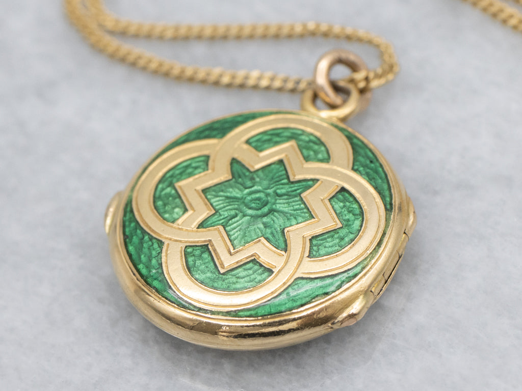Beautiful Vintage 18-Karat Gold and Green Enamel Locket Necklace
